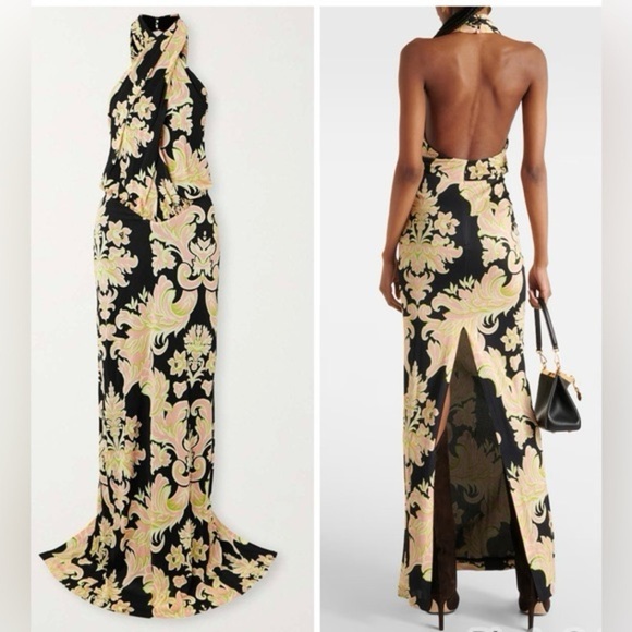 ETRO Crepe De Chine Maxi Halterneck Floral Paisley Dress Size IT44 US8 NWT - Picture 2 of 11